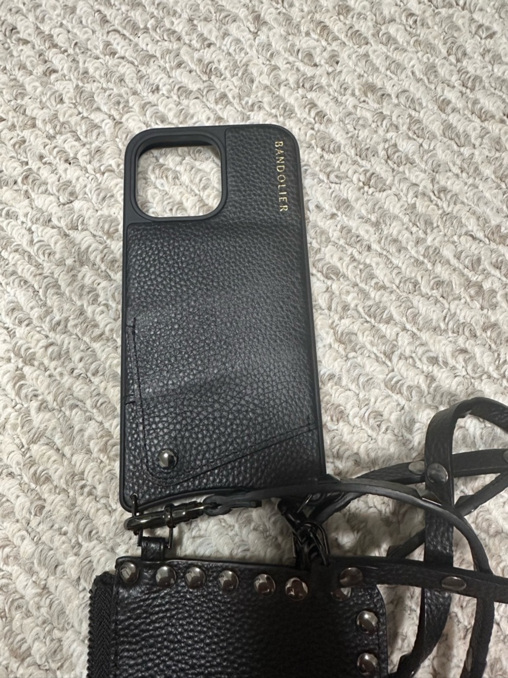 Bandolier Black Pebbled Leather Crossbody Phone Case with Studded Strap - Picture 4 of 5